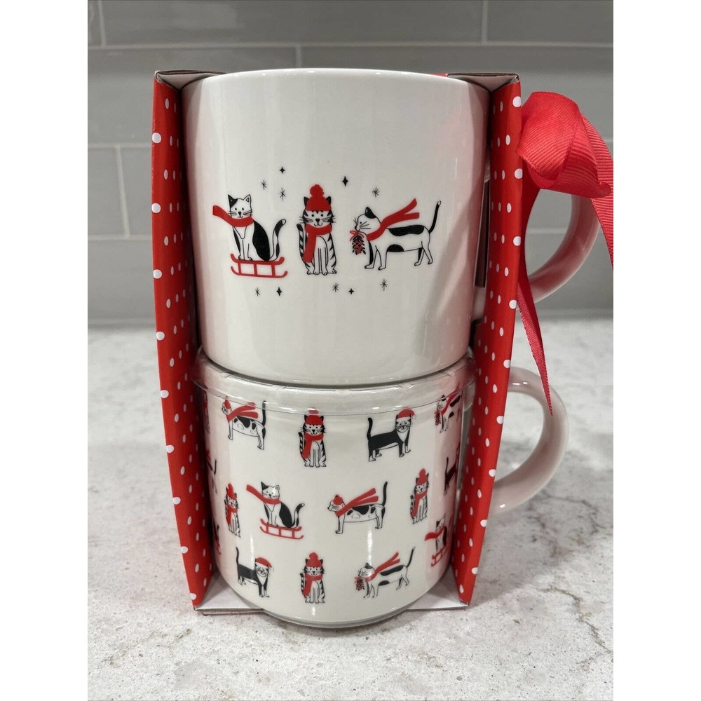 Set 2 WINTER CATS 16oz Mug Gift Box 2-Sided Stackable Mugs Christmas Holiday Cat